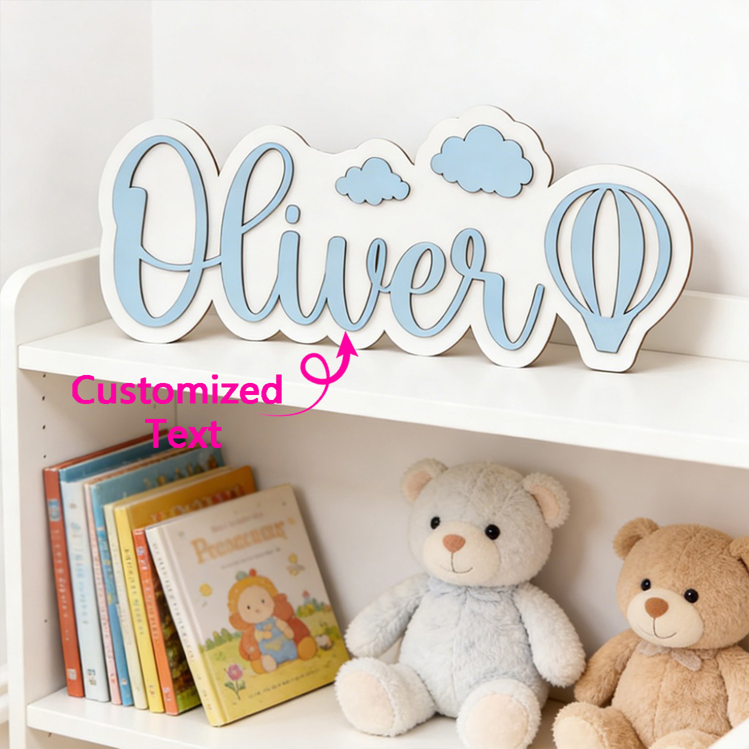 Wedding Party Supply - Personalisiertes Heißluftballon- & Wolken-Namensschild, Anpassbare Pastellblaue